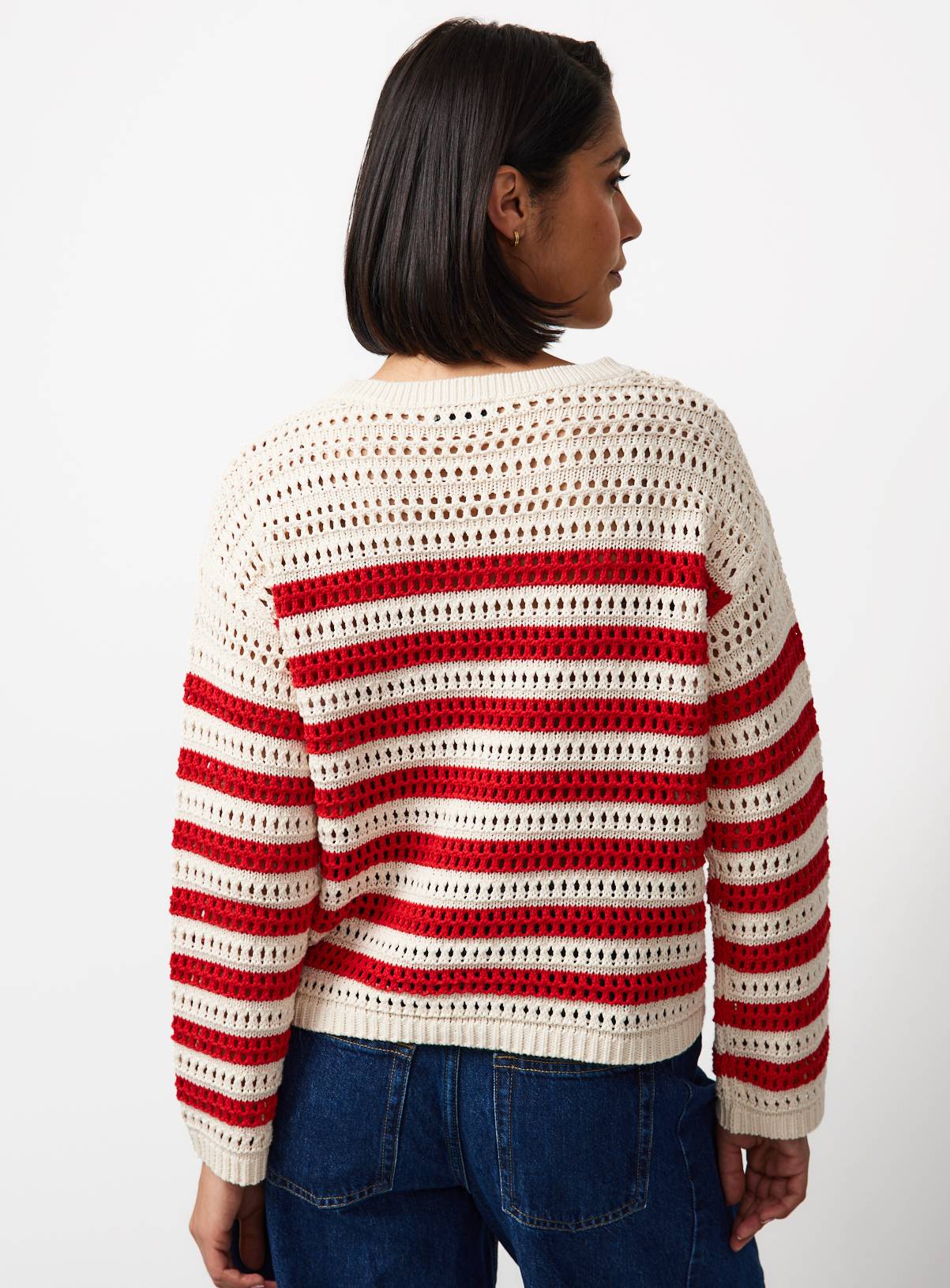 Red & White Stripe Airtex Cotton Crochet Knit Jumper L - Image 4